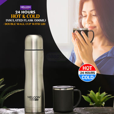 24 Hours Hot or Cold Designer Insulated Flask (500 ml) + Double Wall Cup with Lid (1F1C3)