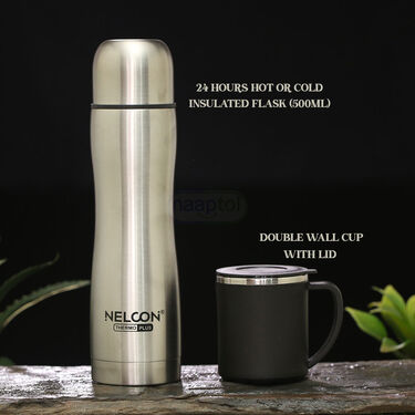 24 Hours Hot or Cold Designer Insulated Flask (500 ml) + Double Wall Cup with Lid (1F1C3)