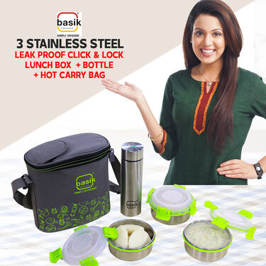 3 Stainless Steel Leak Proof Click & Lock Lunch Box + Bottle + Hot Carry Bag (SCLLBWB)