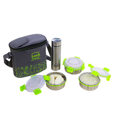 3 Stainless Steel Leak Proof Click & Lock Lunch Box + Bottle + Hot Carry Bag (SCLLBWB)