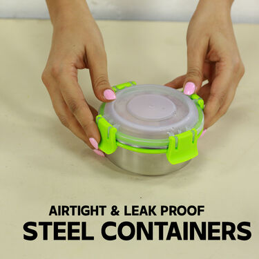 3 Stainless Steel Leak Proof Click & Lock Lunch Box + Bottle + Hot Carry Bag (SCLLBWB)