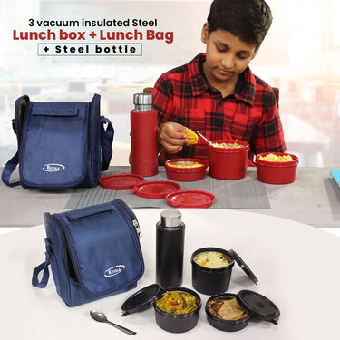 3 lunch Box With Stainless Steel Coloured Bottle And Bag (3LBB)