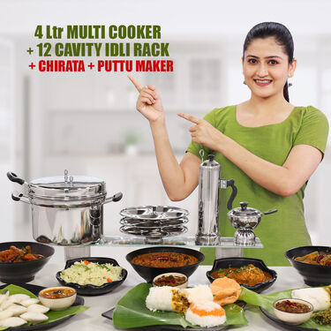 4 ltr Multi Cooker + 12 Cavity Idli Rack + Chirata + Puttu Maker (1MC2)