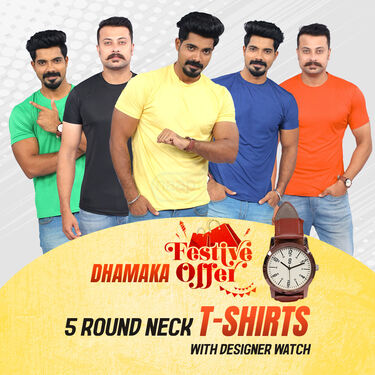 Pack of 5 Round Neck T-shirts with Designer Watch (5RTW6)