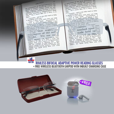 Rimless Bifocal Adaptive Power Reading Glasses + Free Wireless Bluetooth Earpod With Inbuilt Charging Case (BORG4WP)