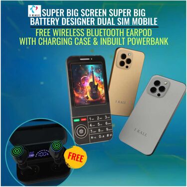 Big Screen Super Big Battery Designer Dual Sim Mobile + FREE Wireless Bluetooth Earpod with Charging Case and Inbuilt Powerbank (K999M10)