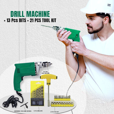 Drill Machine + 13 Pcs Bits + 21 Pcs Tool Kit (HI8)