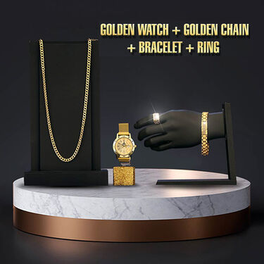 Golden Watch with Golden Chain + Bracelet + Ring (MGWCBR7)