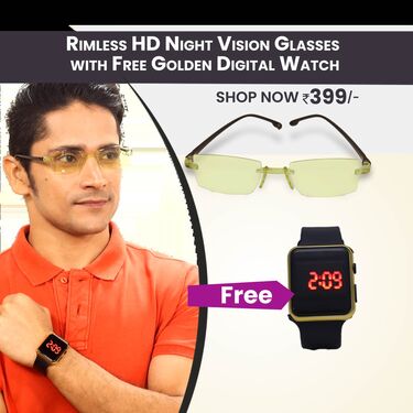 Rimless HD Night Vision Glasses With Free Golden Digital Watch (NVGW1)