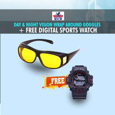 Day & Night Vision Wrap Around Goggles With Free Sports Digital Watch (NVW2)