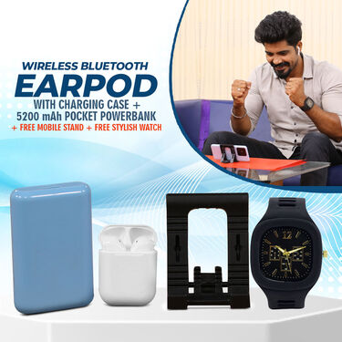 Wireless Bluetooth Earpods with Charging Case + 5200 mAh Pocket Powerbank + Free Mobile Stand + Free Stylish Watch (PB10)