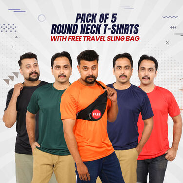 Pack of 5 Round Neck T-shirts with Travel Sling Bag Free (5RTB-1)