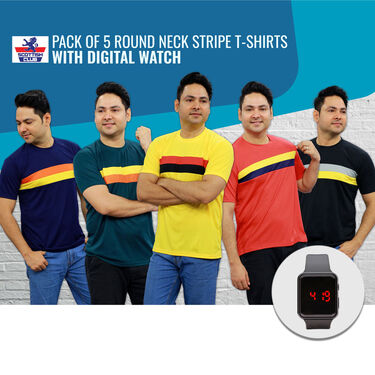 Pack of 5 Stripe Designer T-shirts with Digital Watch (5RTW1)