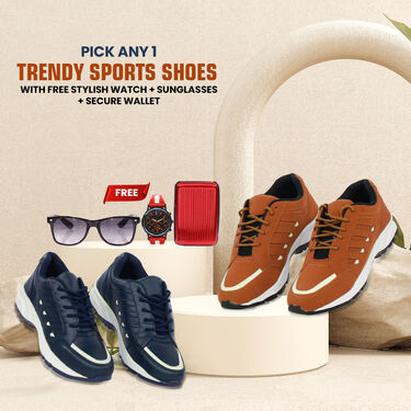 Trendy Sports Shoes Pick Any 1 with Free Stylish Watch + Sunglasses + Secure Wallet (SW79)