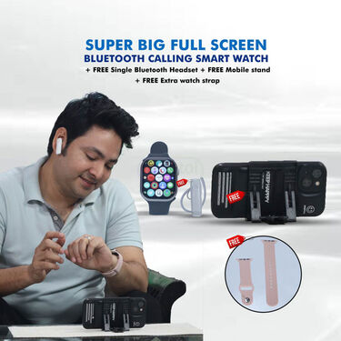 Super Big Full Screen Bluetooth Calling Smart Watch + FREE Single BT Headset + Mobile Stand + Extra Watch Strap (SBM)