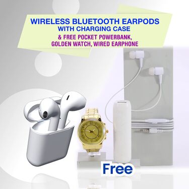 Wireless Bluetooth Earpods With Charging Case + Free Pocket Powerbank + Golden watch + Wired Earphone (TWS54)